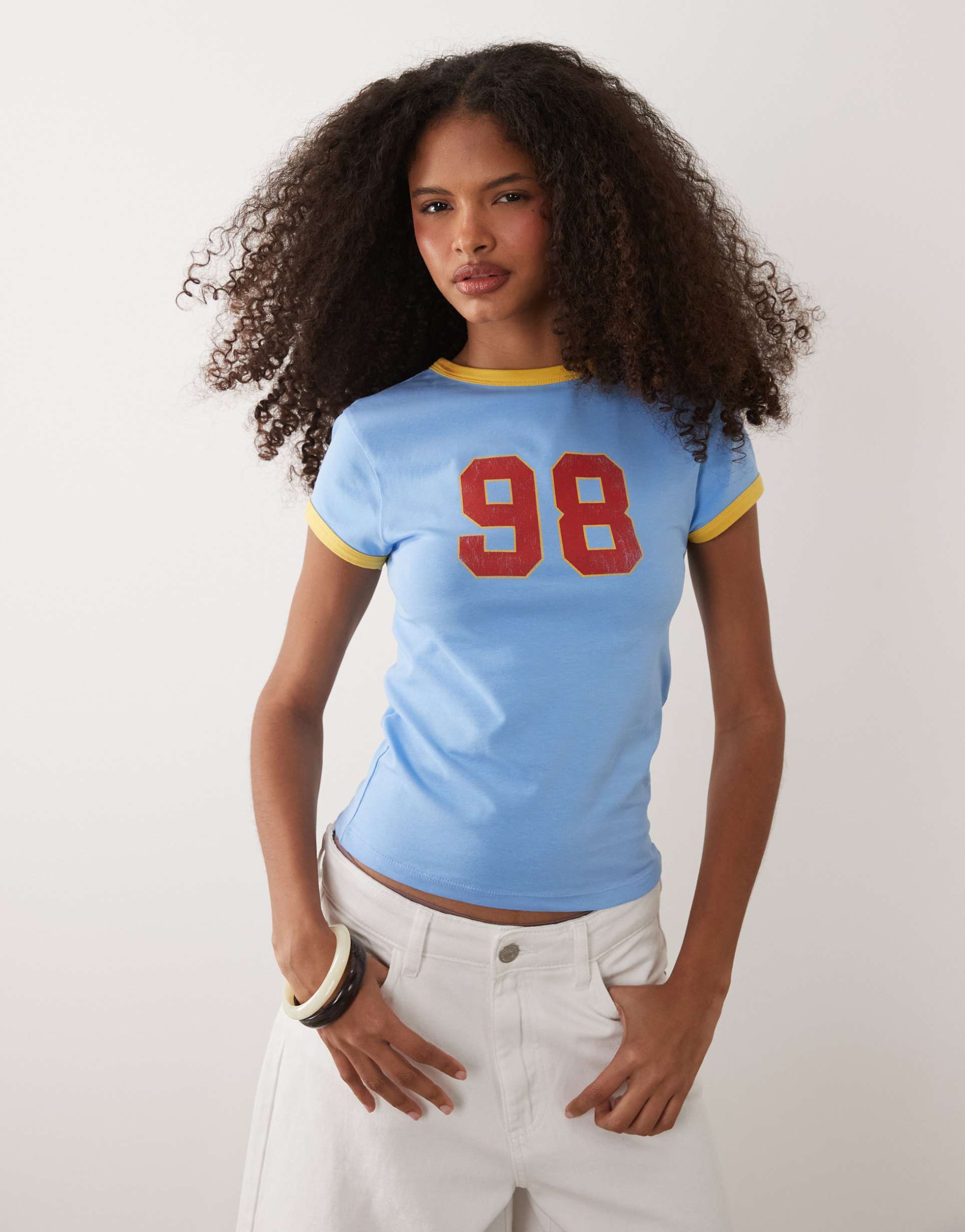asos design shrunken contrast ringer tee with 98 varsity graphic in blue
