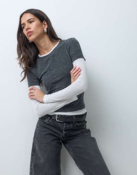 ASOS DESIGN shrunken double layer long sleeve tee in charcoal - view 1