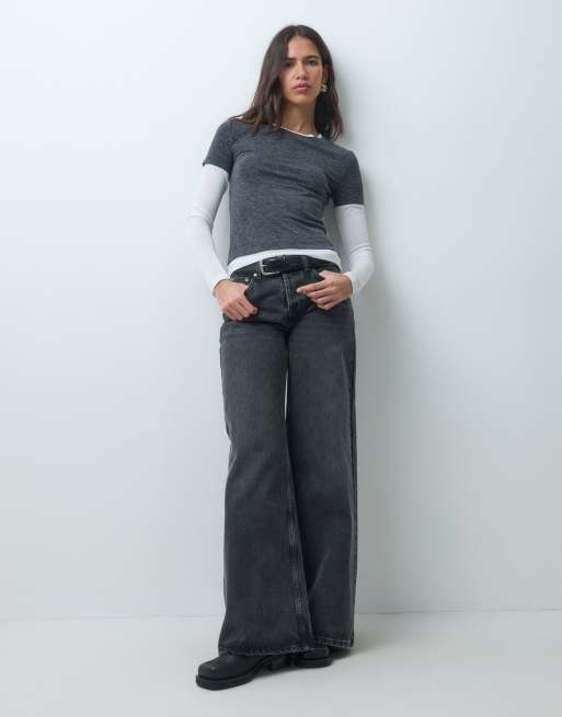 ASOS DESIGN shrunken double layer long sleeve tee in charcoal, 3 of 4