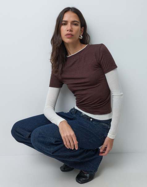 ASOS DESIGN shrunken double layer long sleeve tee in choc & cream - view 1