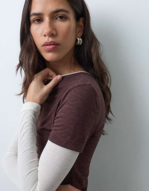 ASOS DESIGN shrunken double layer long sleeve tee in choc & cream, 2 of 4