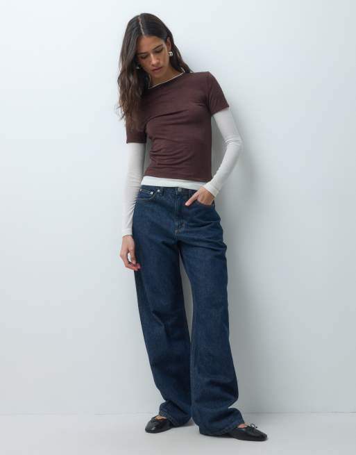 ASOS DESIGN shrunken double layer long sleeve tee in choc & cream, 3 of 4