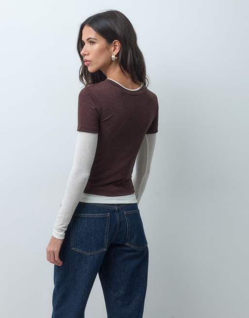 ASOS DESIGN shrunken double layer long sleeve tee in choc & cream, 4 of 4