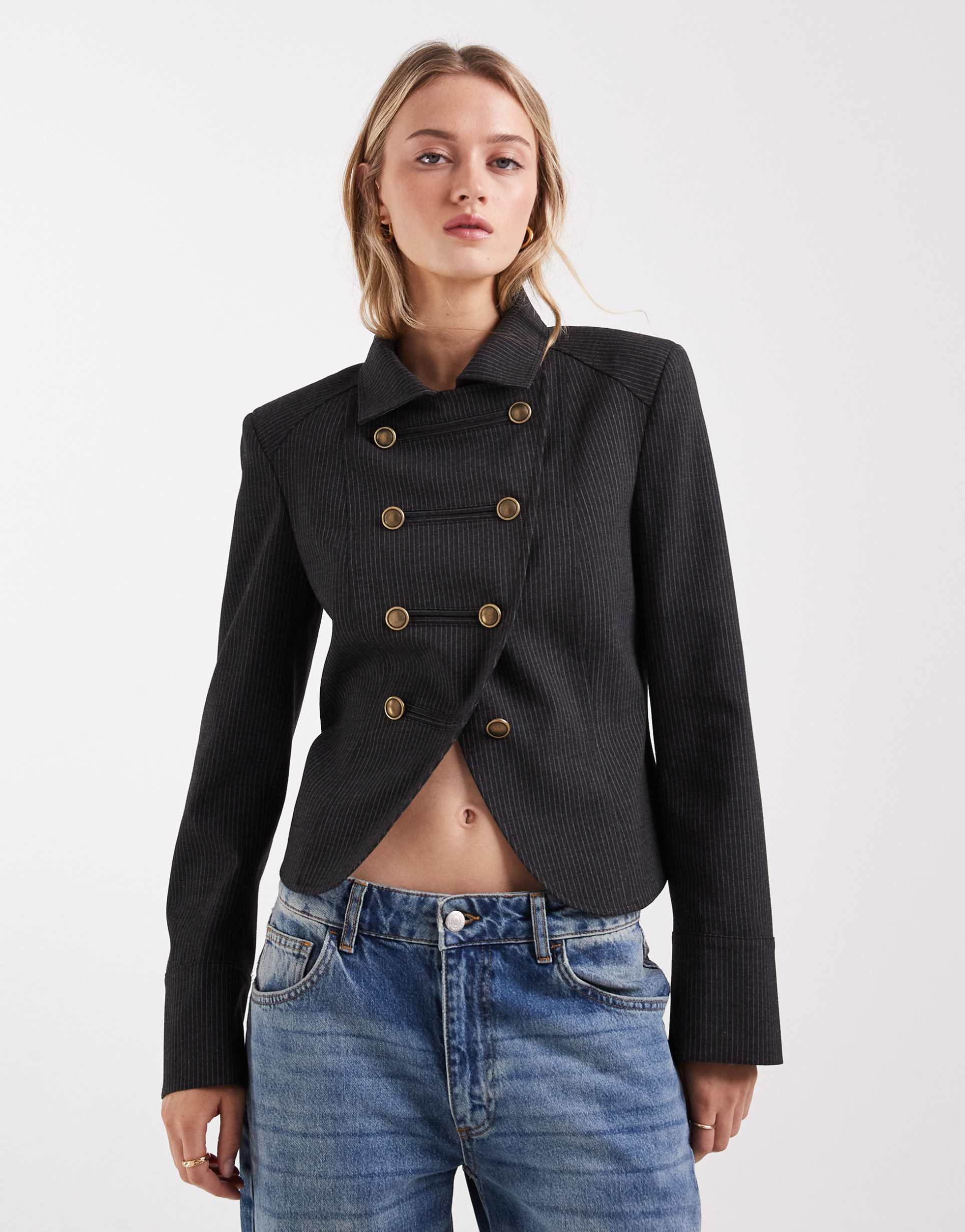 asos design shrunken drummer style jacket in brown pinstripe