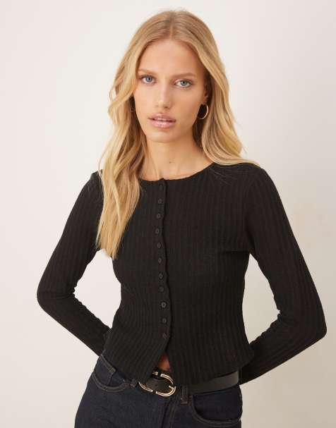 ASOS DESIGN shrunken fit textured button through long sleeve top in black - view 1