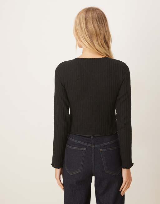 ASOS DESIGN shrunken fit textured button through long sleeve top in black, 3 of 4