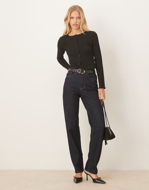 ASOS DESIGN shrunken fit textured button through long sleeve top in black, 4 of 4