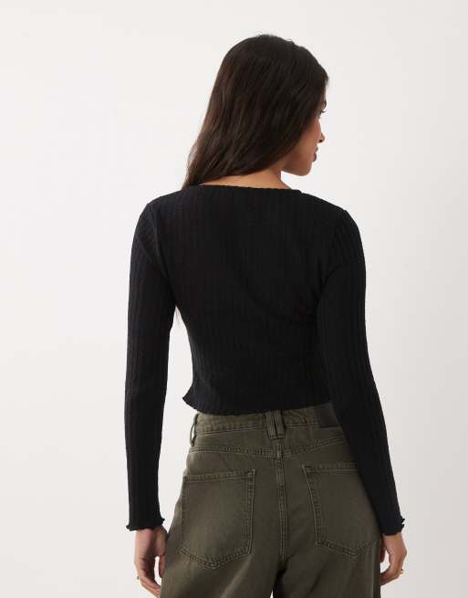 ASOS DESIGN shrunken fit textured button through long sleeve top in black, 4 of 4