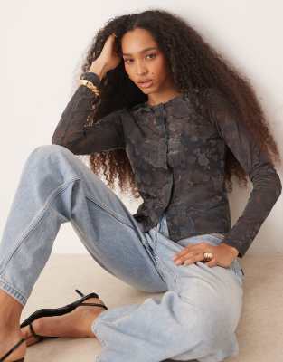 Asos Design Shrunken Flock Floral Mesh Button Up Sheer Top In Blue