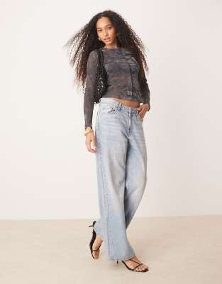 Asos Design Shrunken Flock Floral Mesh Button Up Sheer Top