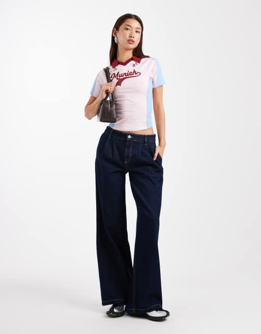 ASOS DESIGN shrunken football style graphic tee top with collar in pink & blue, 2 of 4