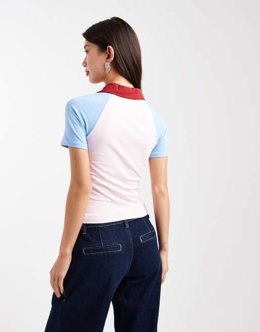 ASOS DESIGN shrunken football style graphic tee top with collar in pink & blue, 3 of 4