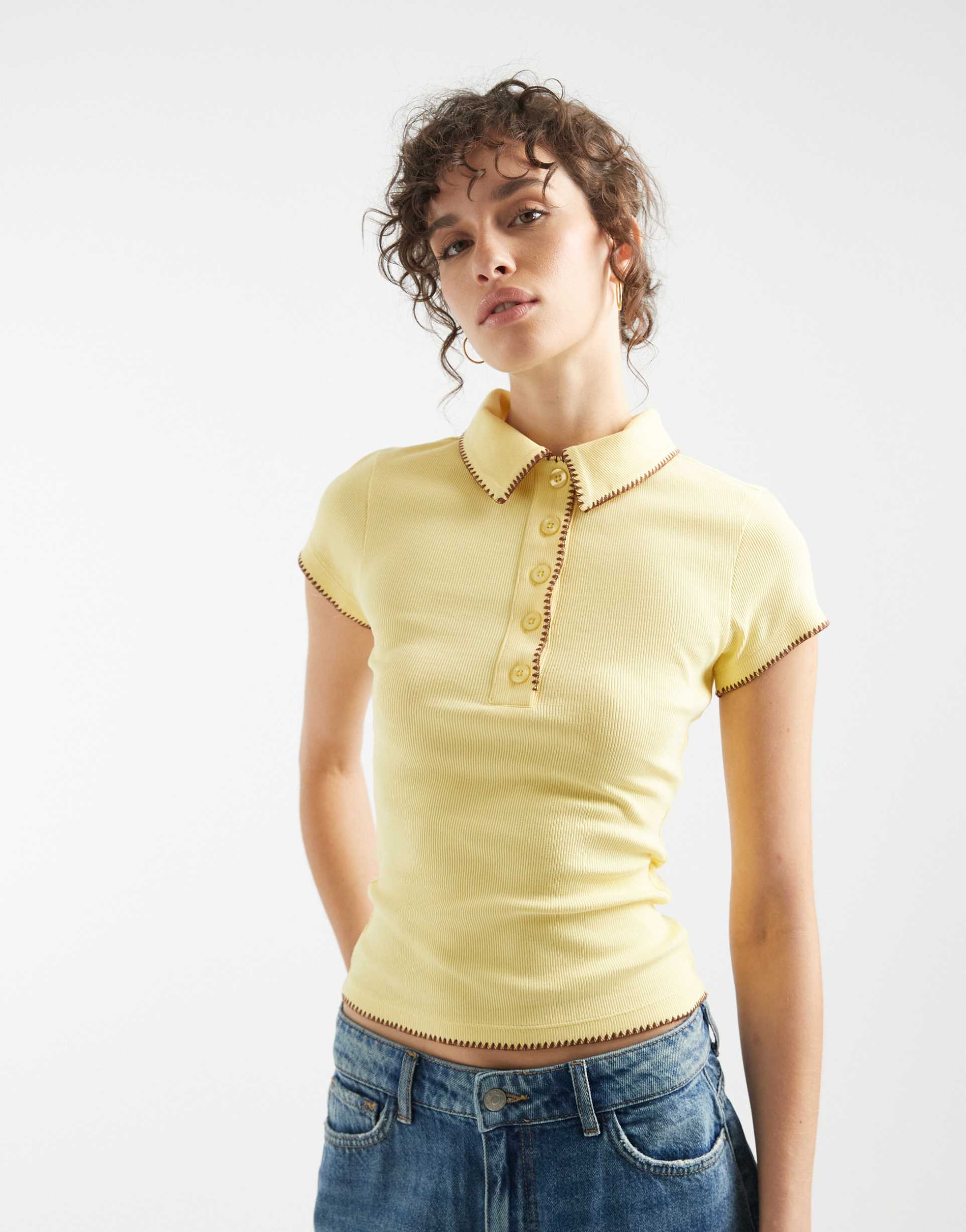 asos design shrunken polo shirt with blanket stitch detailing in buttermilk