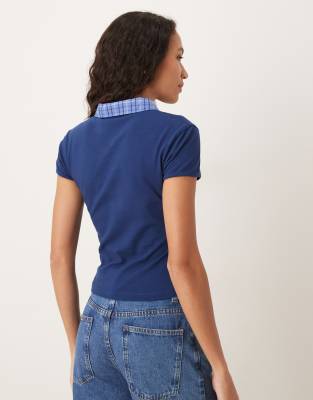 Asos Design Shrunken Polo Tee With Hybrid Collar In Blue