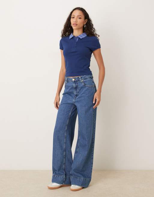 ASOS DESIGN shrunken polo tee with hybrid collar in navy