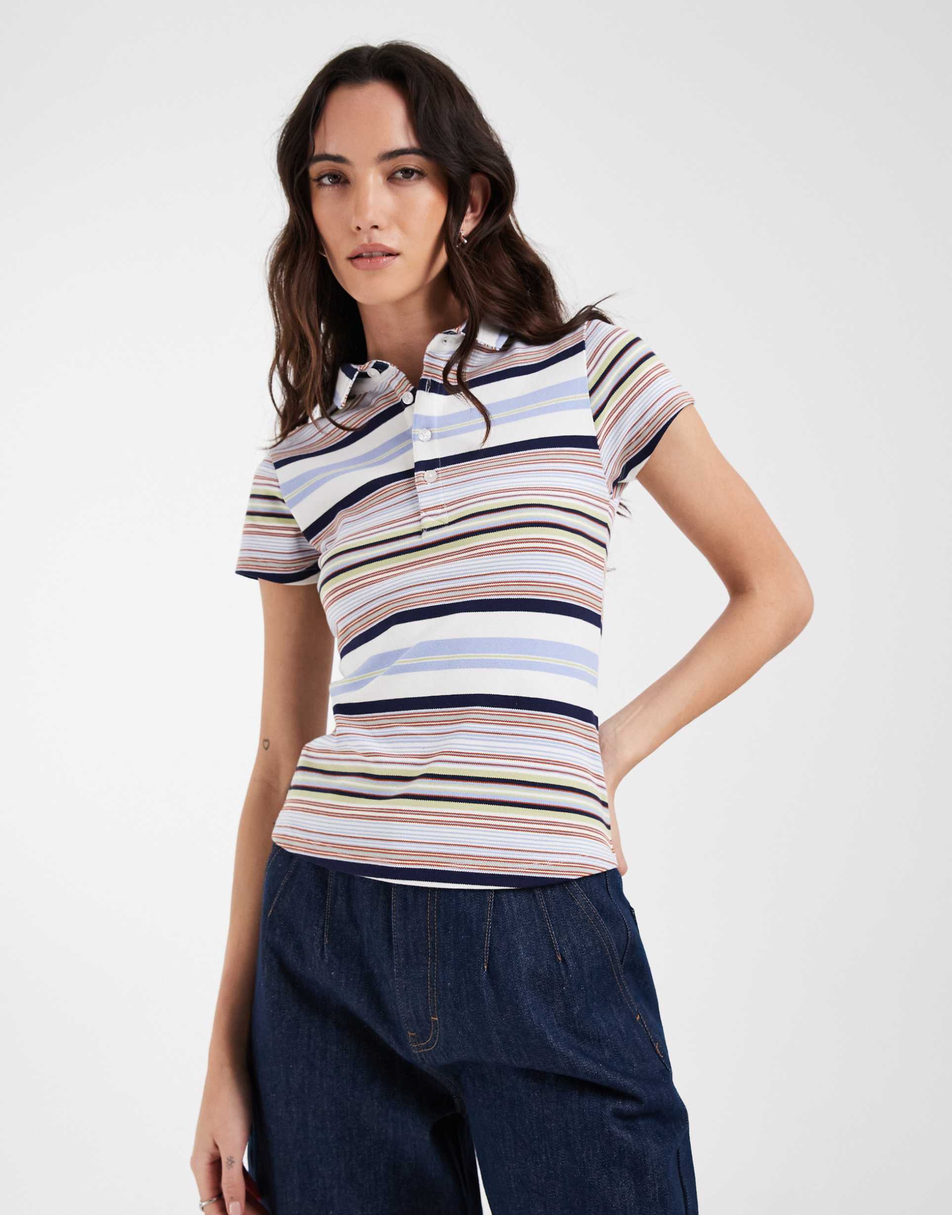 asos design shrunken polo top in stripe in blue stripe
