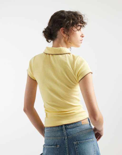ASOS DESIGN shrunken polo with blanket stitch detail in buttermilk, 3 of 4