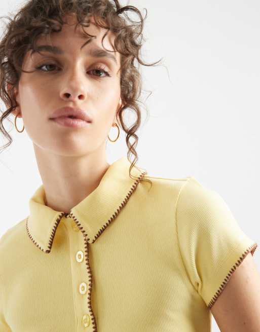 ASOS DESIGN shrunken polo with blanket stitch detail in buttermilk, 4 of 4
