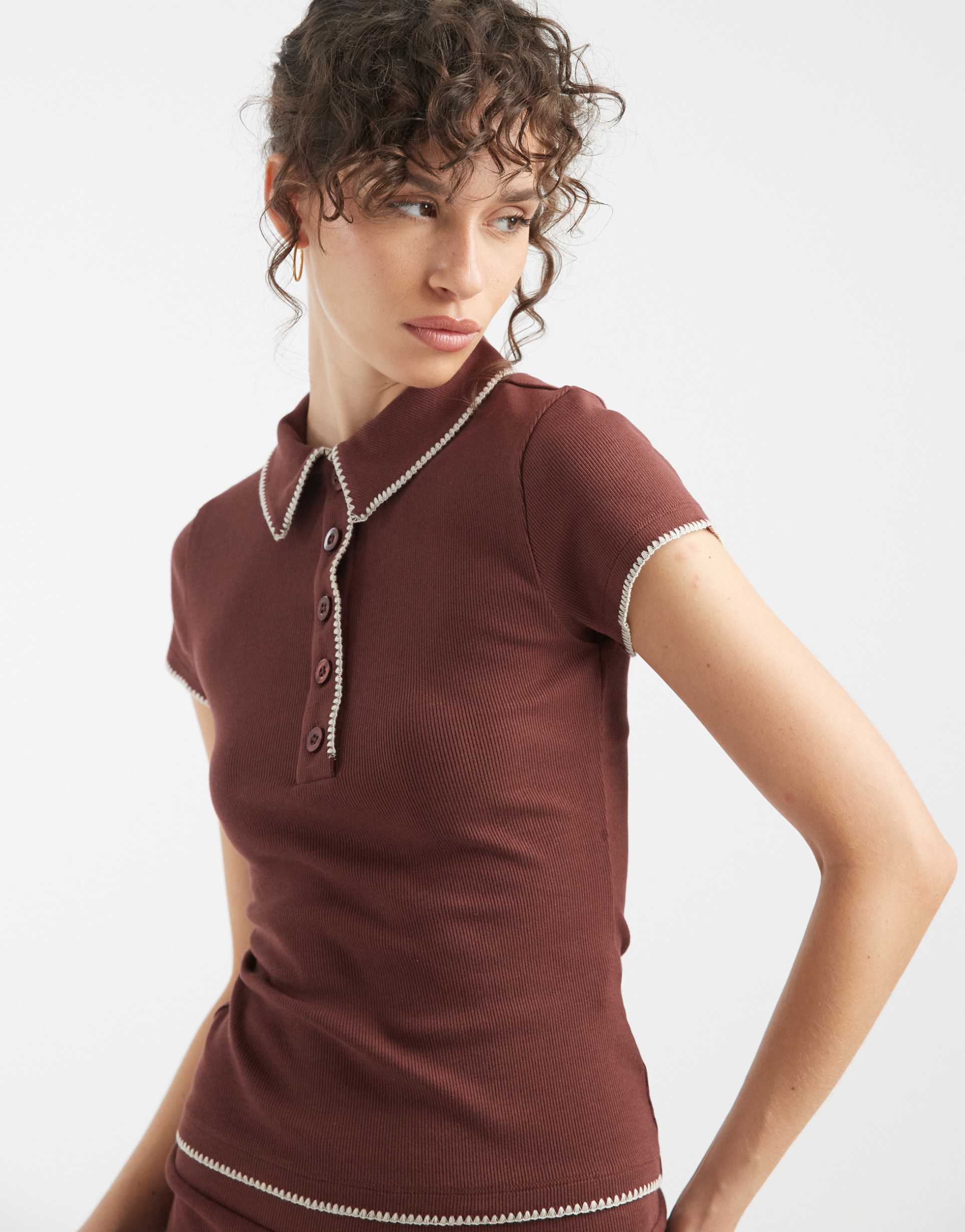 asos design shrunken polo with blanket stitch detail in choc