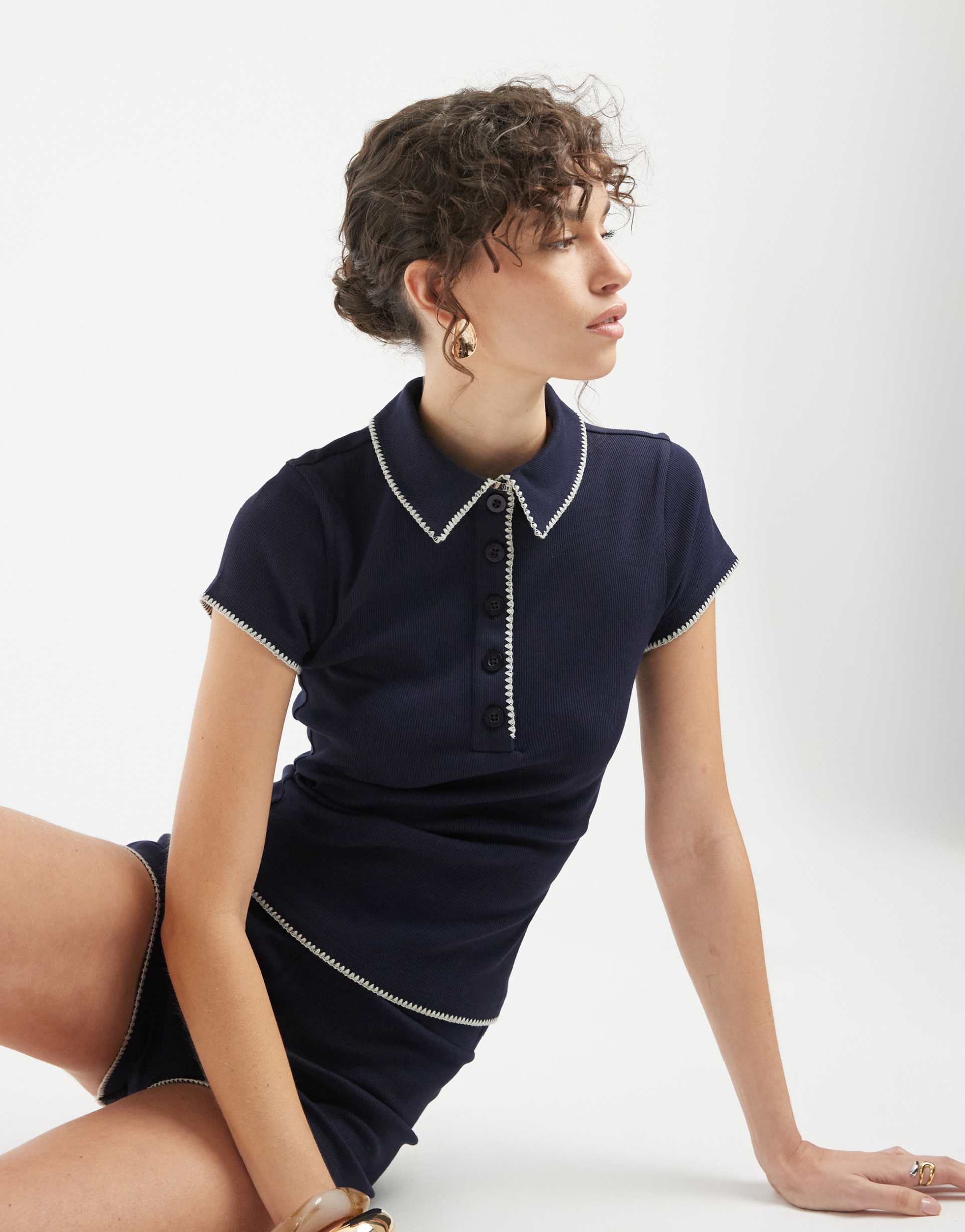 asos design shrunken polo with blanket stitch detail in navy