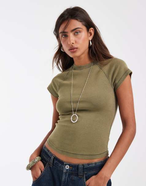 ASOS DESIGN shrunken raglan baby tee in washed khaki green - view 1