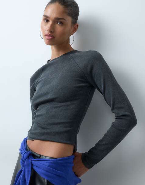 ASOS DESIGN shrunken raglan long sleeve baby tee in washed charcoal - view 1