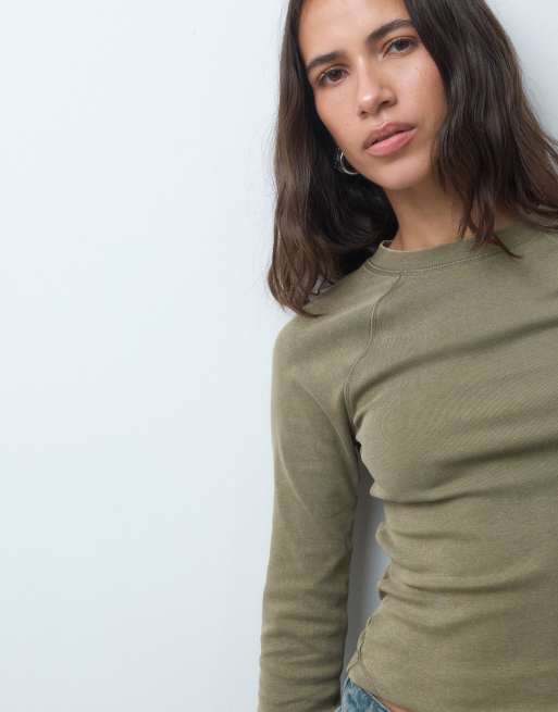 ASOS DESIGN shrunken raglan long sleeve baby tee in washed khaki, 3 of 4