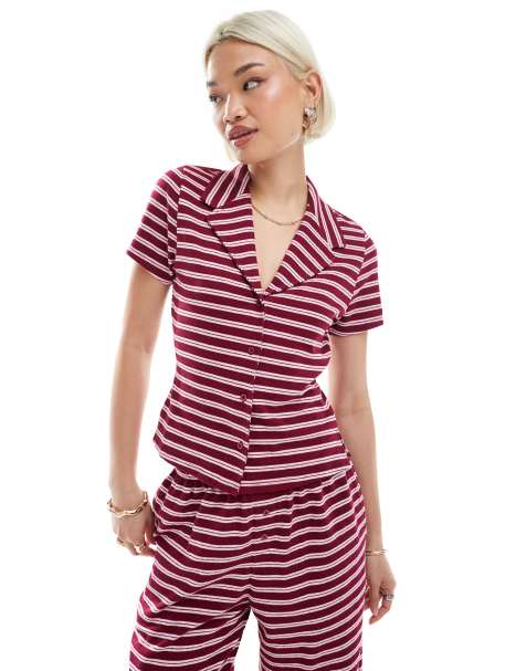 ASOS DESIGN shrunken revere shirt co-ord in textured  burgundy stripe - view 1