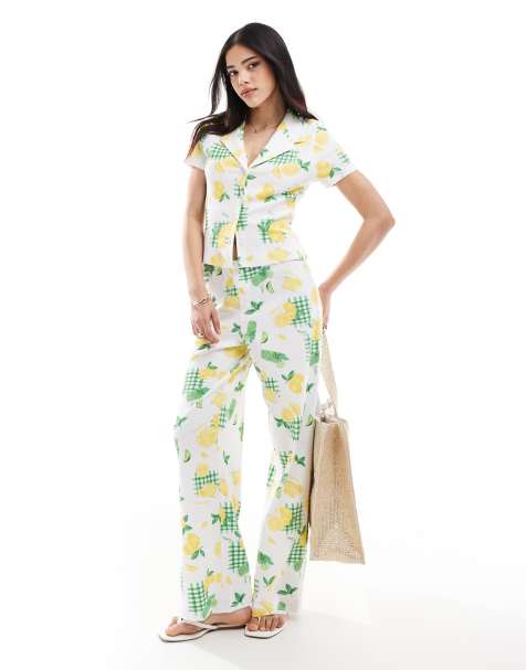 ASOS DESIGN shrunken revere waffle shirt and shorts in lemon drink print - view 1
