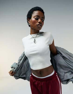 ASOS DESIGN shrunken rib baby tee with cap sleeve in stone-Neutral