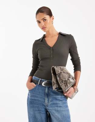 Asos Design Shrunken Rib Henley Long Sleeve Top With Collar In Gray