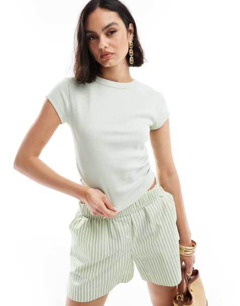 ASOS DESIGN shrunken rib top with cap sleeve in green - view 1
