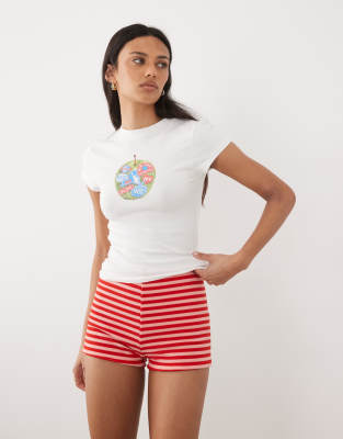 Asos Design Shrunken Ringer Tee With Apple Graphic In White