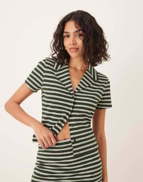 ASOS DESIGN shrunken shirt in textured green and white stripe - part of a set - view 1
