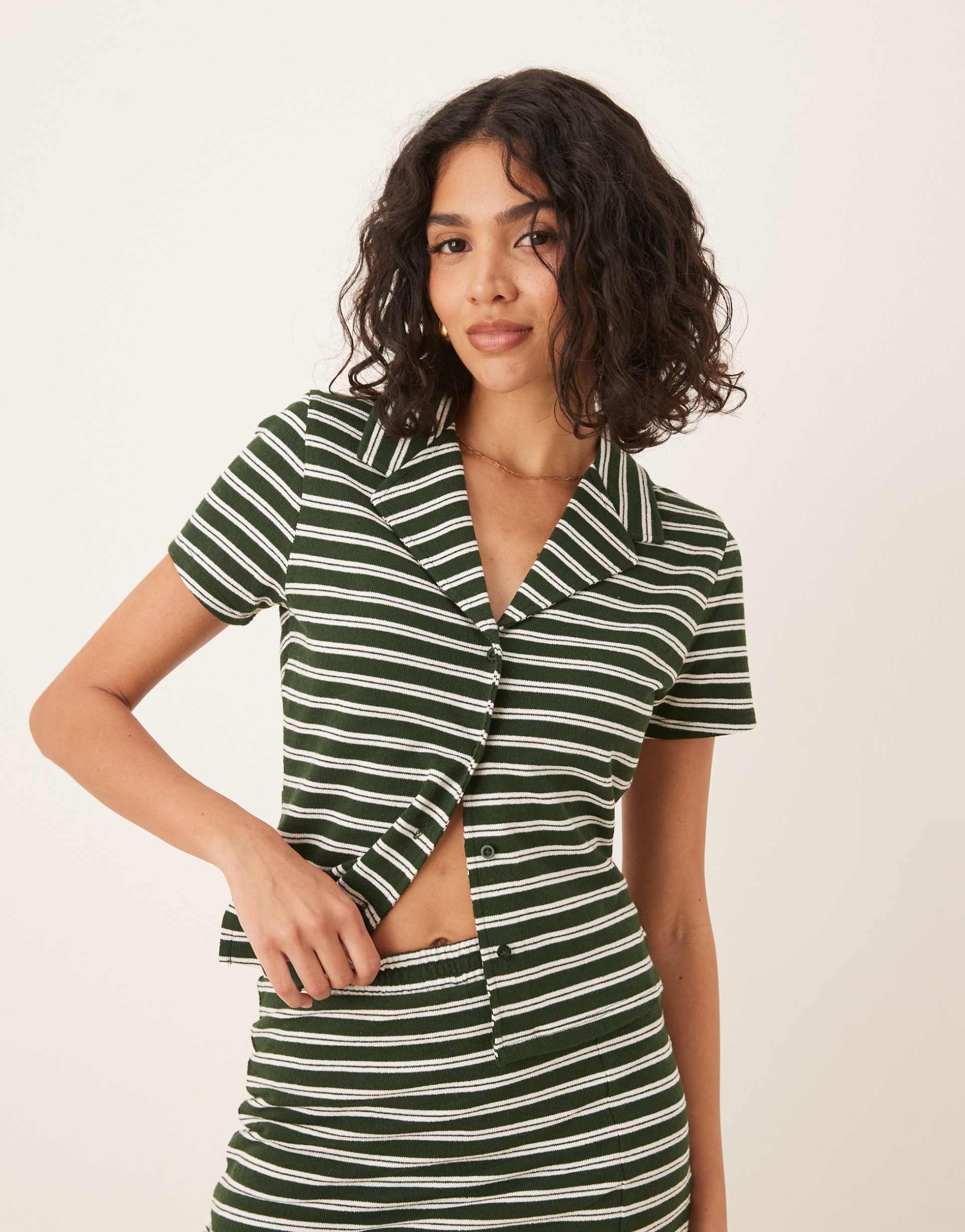 asos design shrunken shirt in textured green and white stripe - part of a set