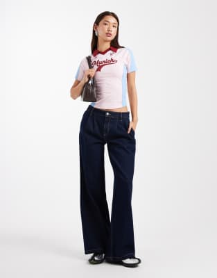 Asos Design Shrunken Soccer Style Graphic Tee Top With Collar In Multi