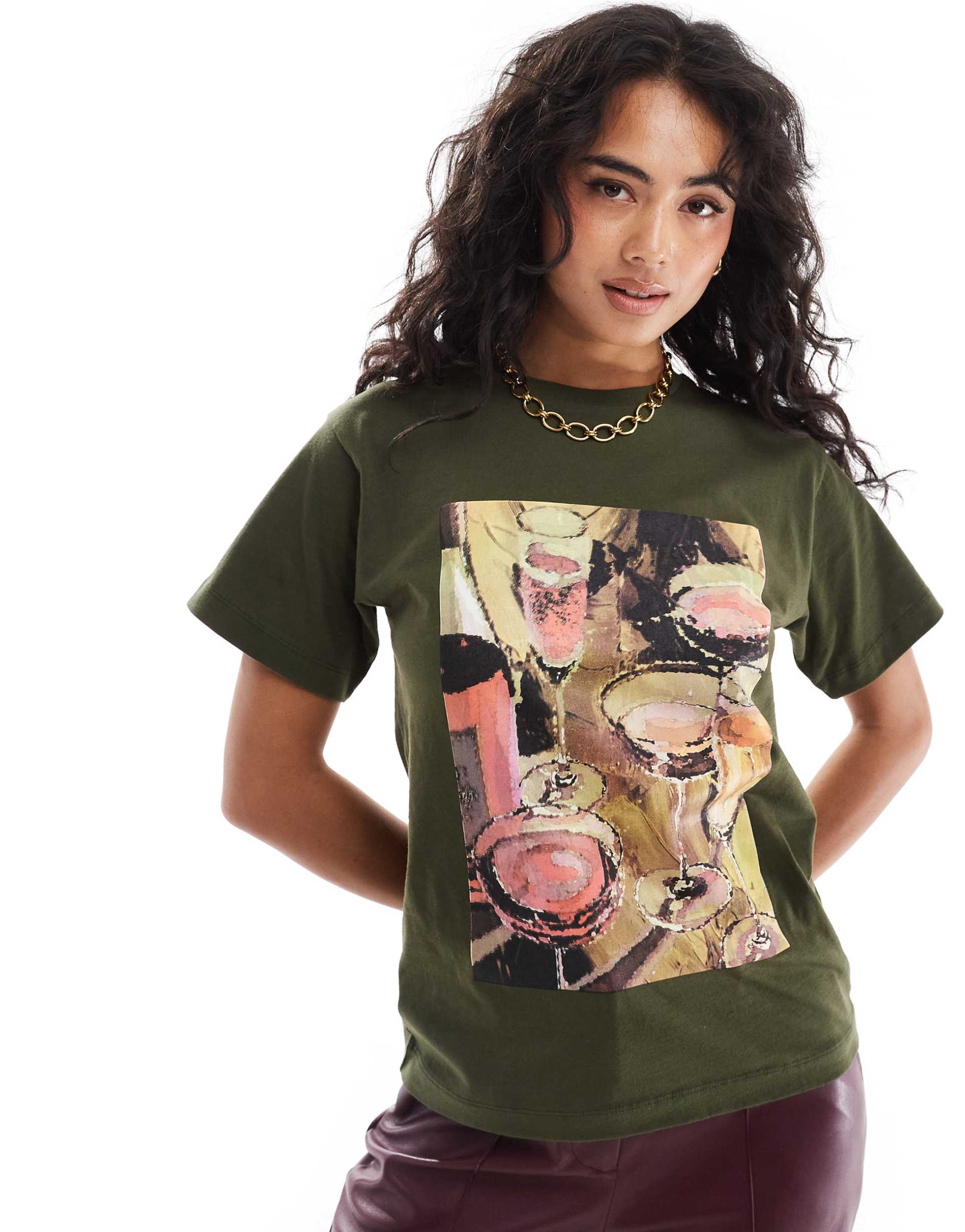 asos design shrunken t-shirt with wine graphic in khaki