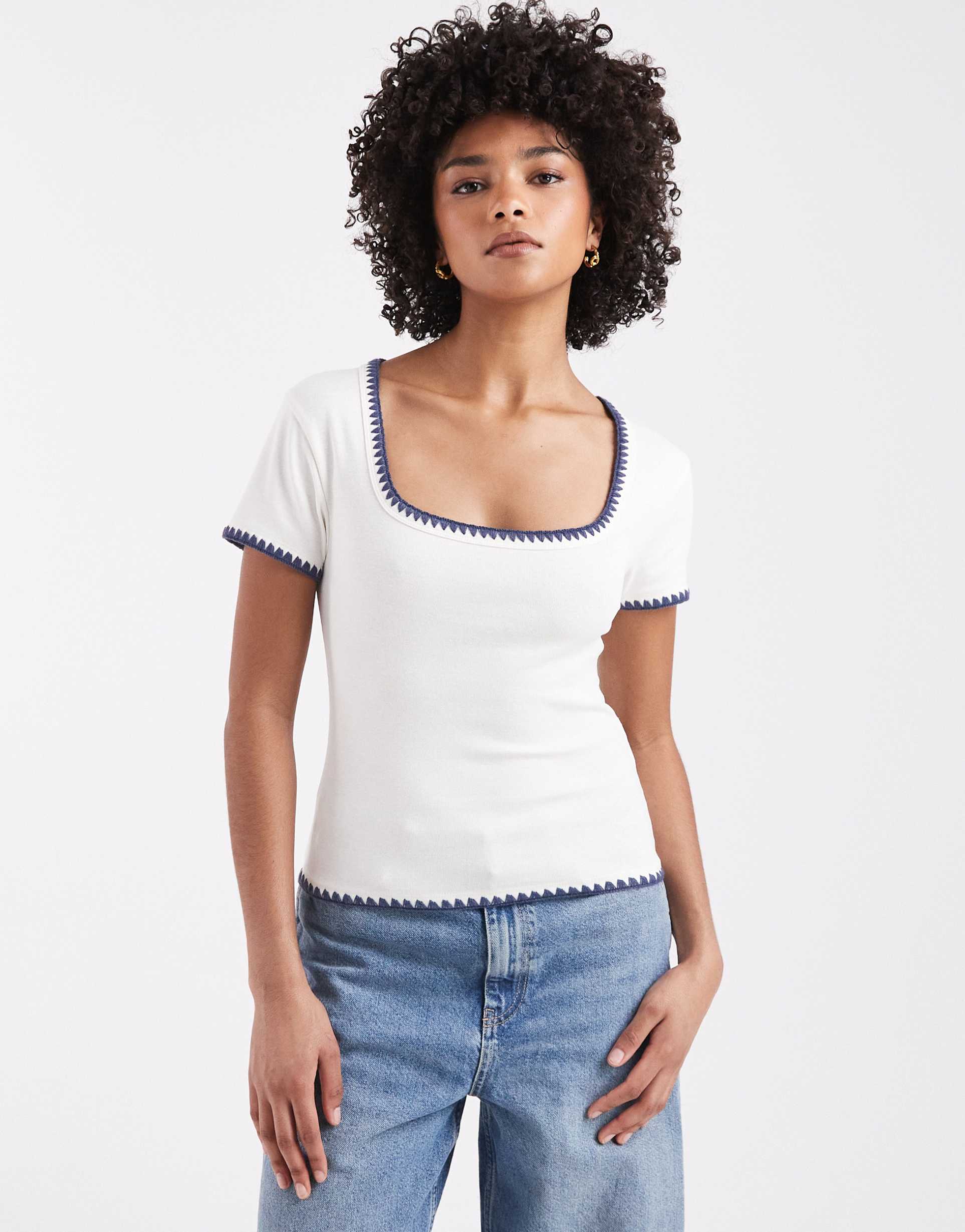 asos design shrunken tee with contrast blanket stitch detail in cream
