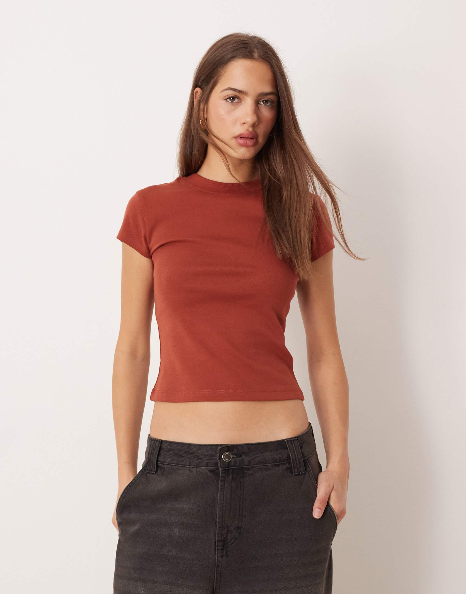 asos design shrunken tee with crew neck and ribbed detail in rust