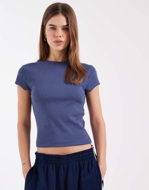 ASOS DESIGN shrunken tee with crew neck rib detail in light blue - view 1