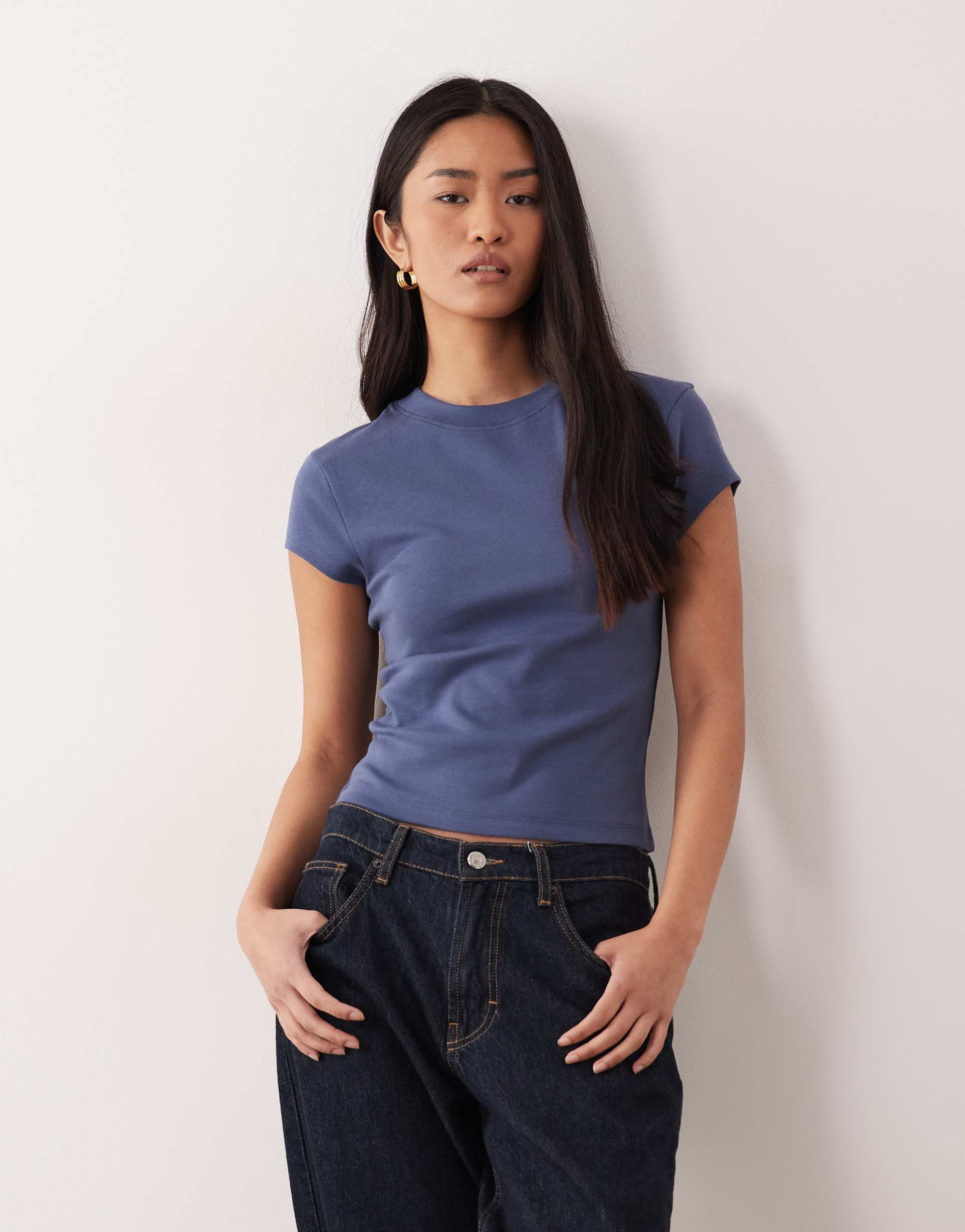 asos design shrunken tee with crew neck ribbed detail in navy