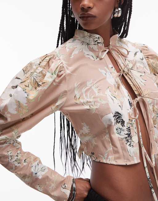ASOS DESIGN shrunken tie front jacket in taupe floral