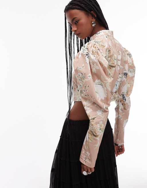 ASOS DESIGN shrunken tie front jacket in taupe floral