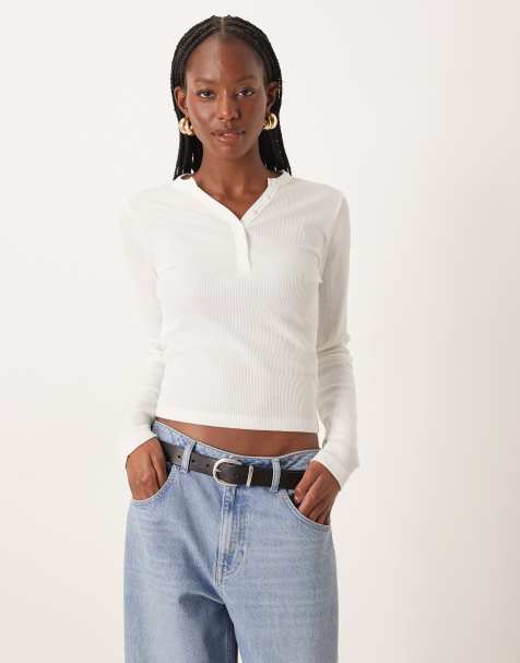 ASOS DESIGN shrunken waffle knit long sleeve henley tee in cream - view 1