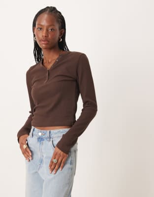Asos Design Shrunken Waffle Long Sleeve Henley Tee In Brown