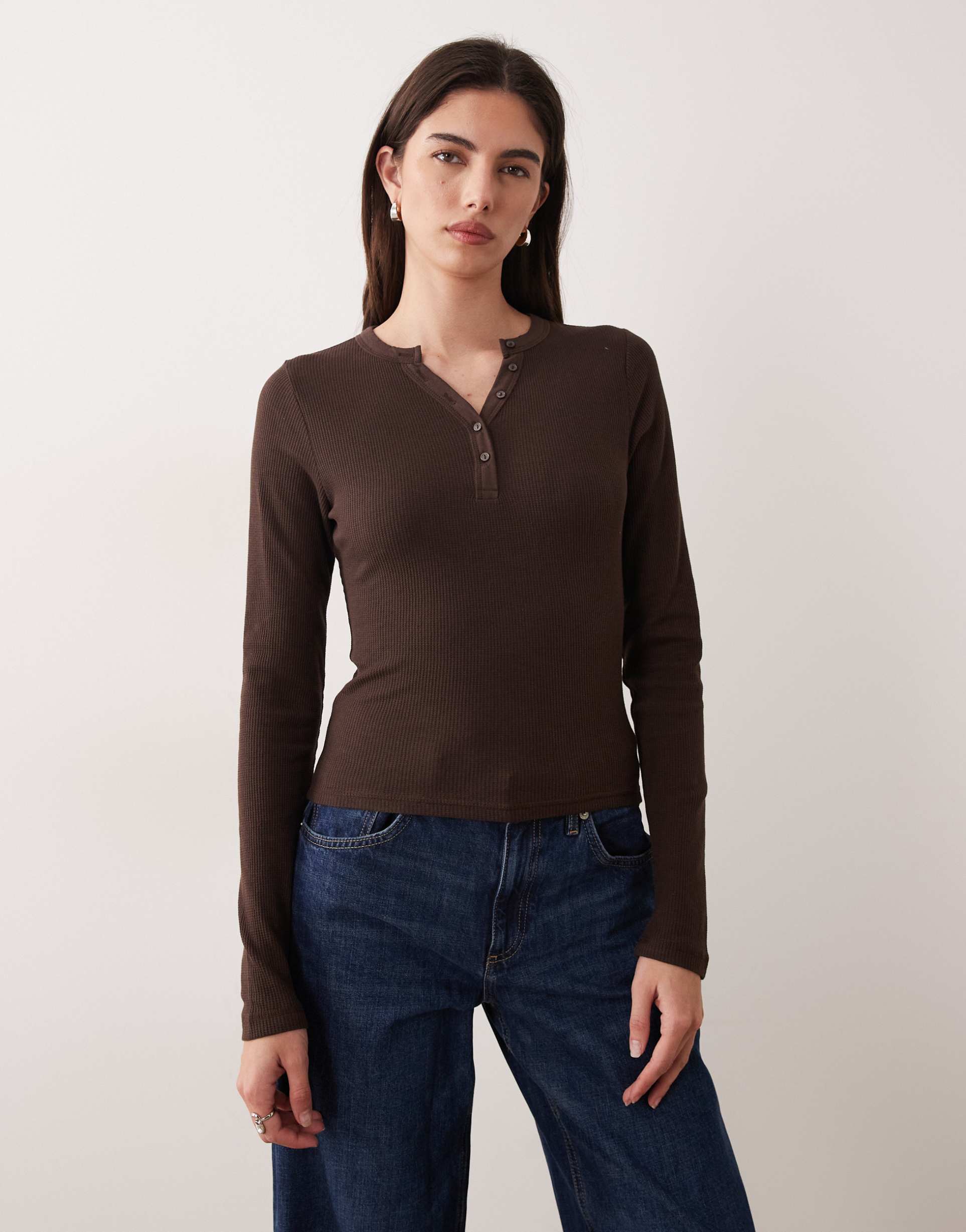 asos design shrunken waffle long sleeve henley tee in chocolate