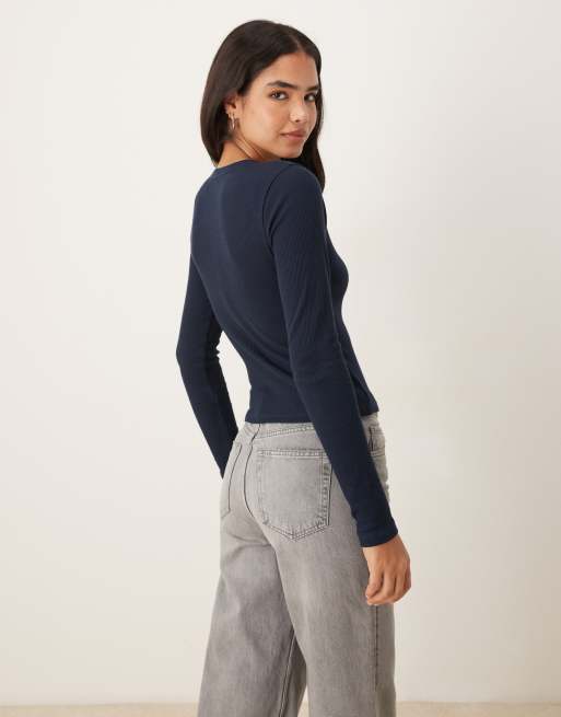 ASOS DESIGN shrunken waffle long sleeve henley tee in navy, 4 of 4