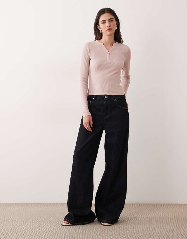 ASOS DESIGN shrunken waffle long sleeve henley tee in pink | ASOS