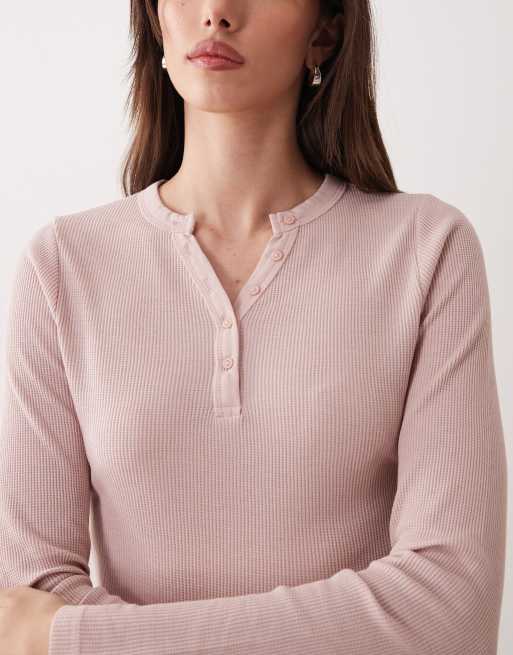 ASOS DESIGN shrunken waffle long sleeve henley tee in pink, 3 of 4
