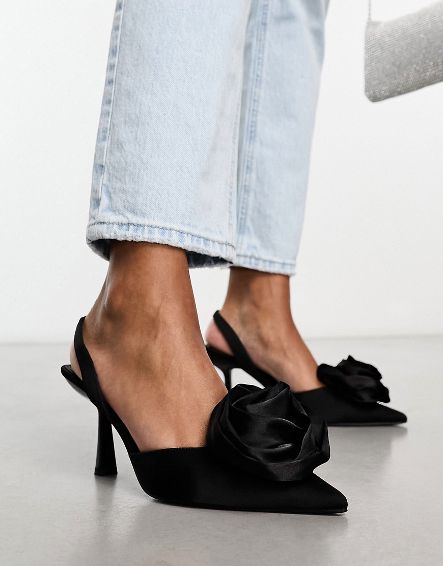 ASOS DESIGN Sia corsage slingback mid heeled shoes in black